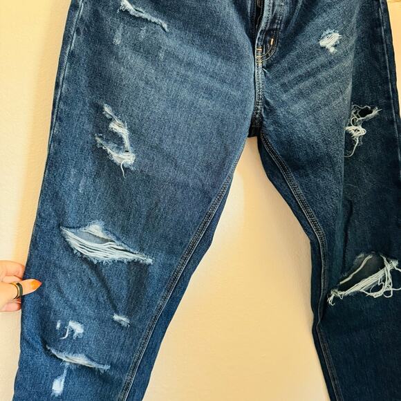 OLD NAVY Dark Blue Wash High Rise Slouchy Straight Leg Denim Distressed Jeans 8 - Picture 7 of 14